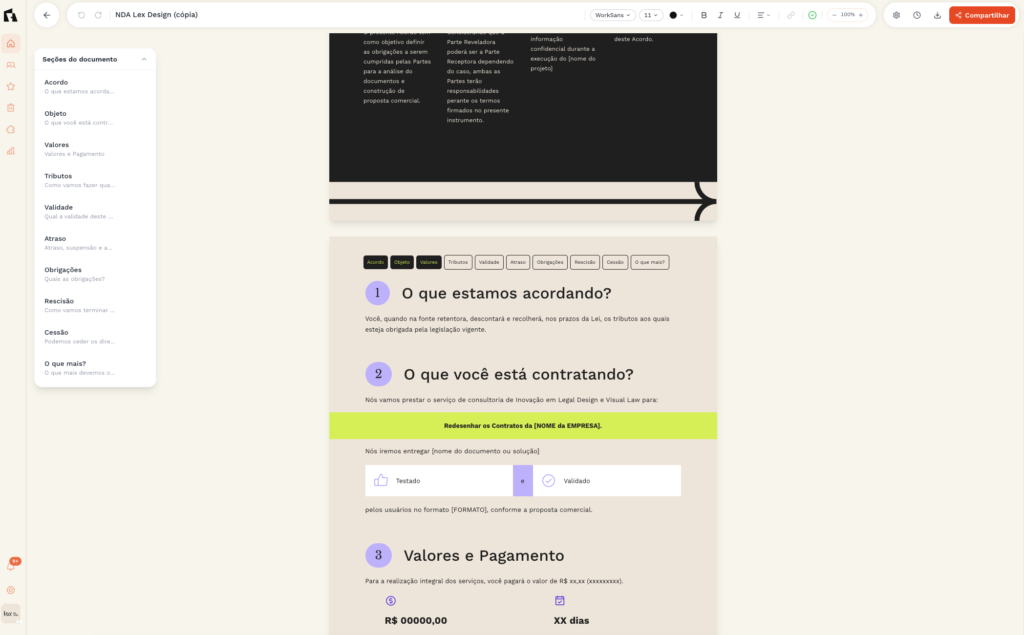 Interface de edição de documentos Lex Studio